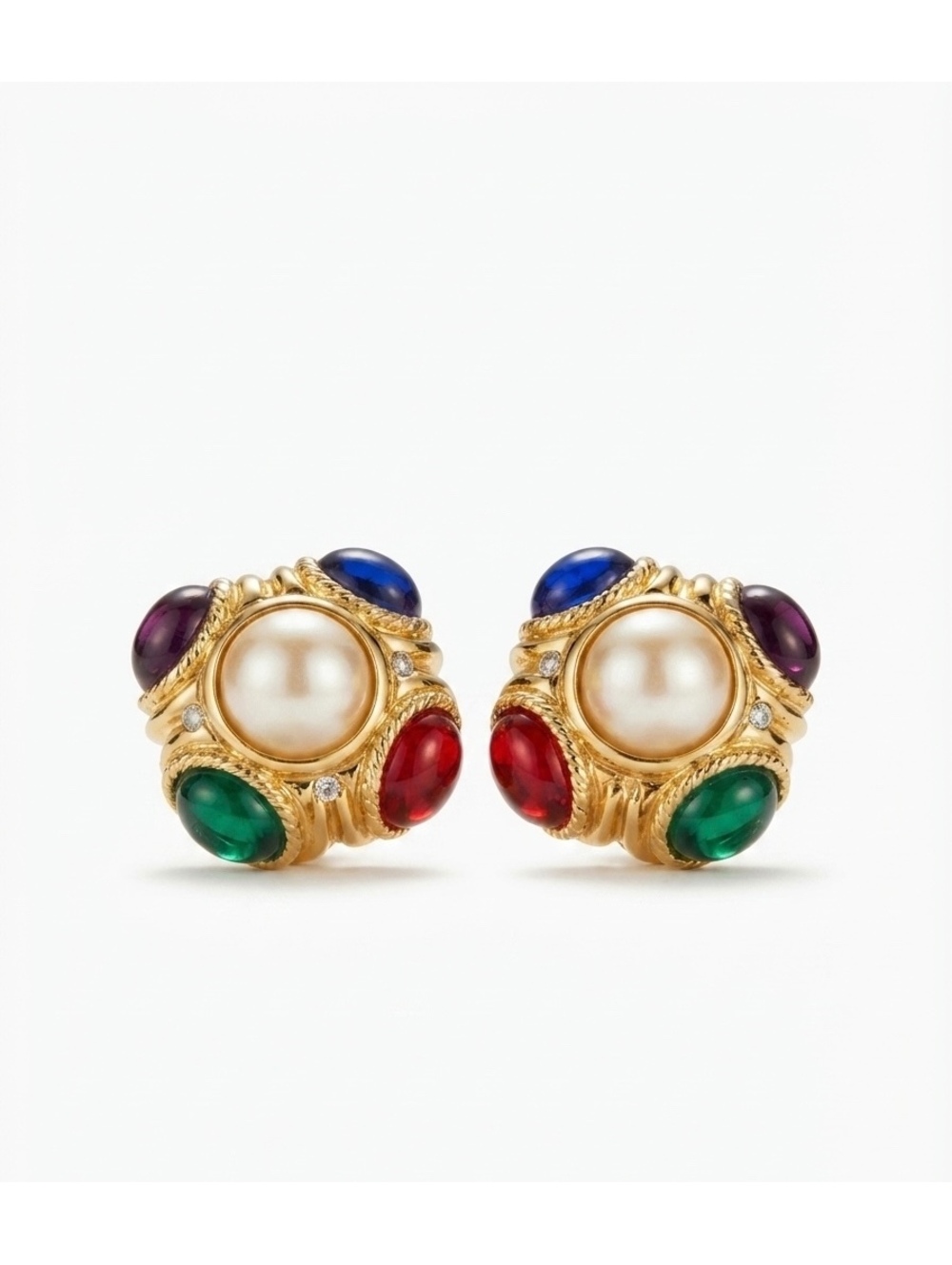 Vintage 80s Mogul Clip-On Earrings with Faux Pearls and Multicolor Cabochon